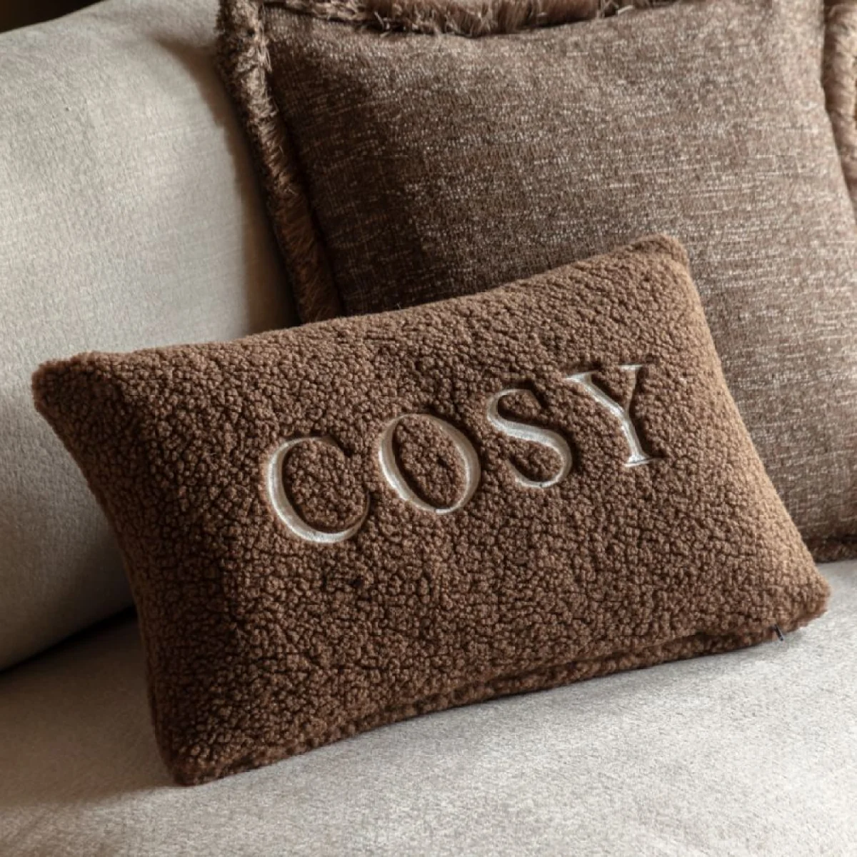 Autumnal Embroidered Cosy Cushion in Chocolate – image 1