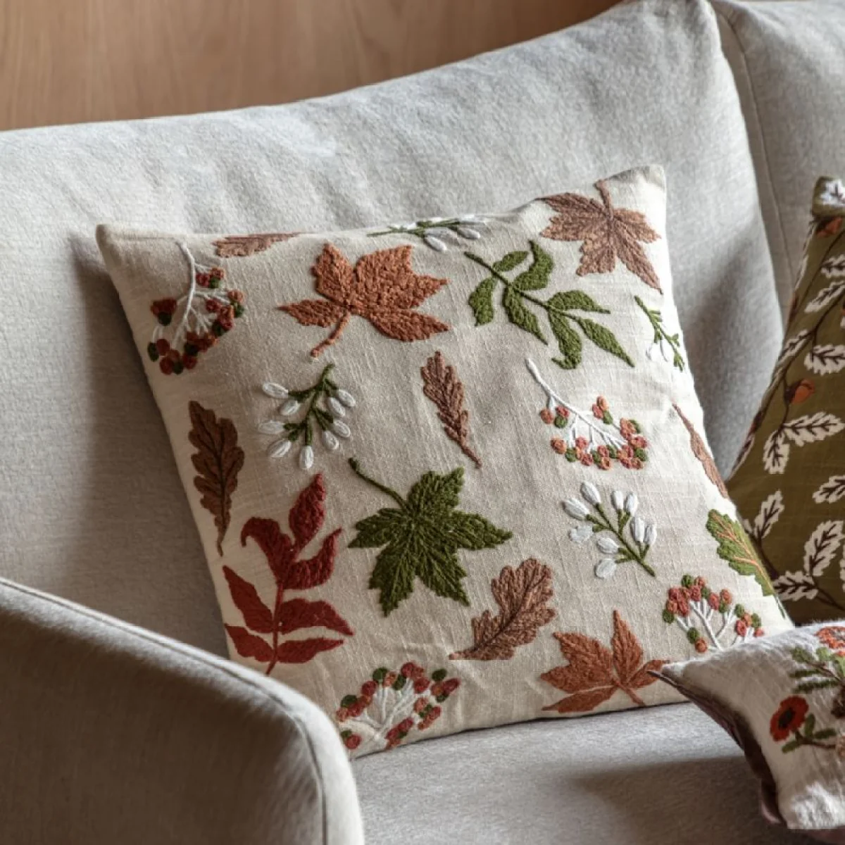 Autumnal Embroidered Leaves Cushion – image 2