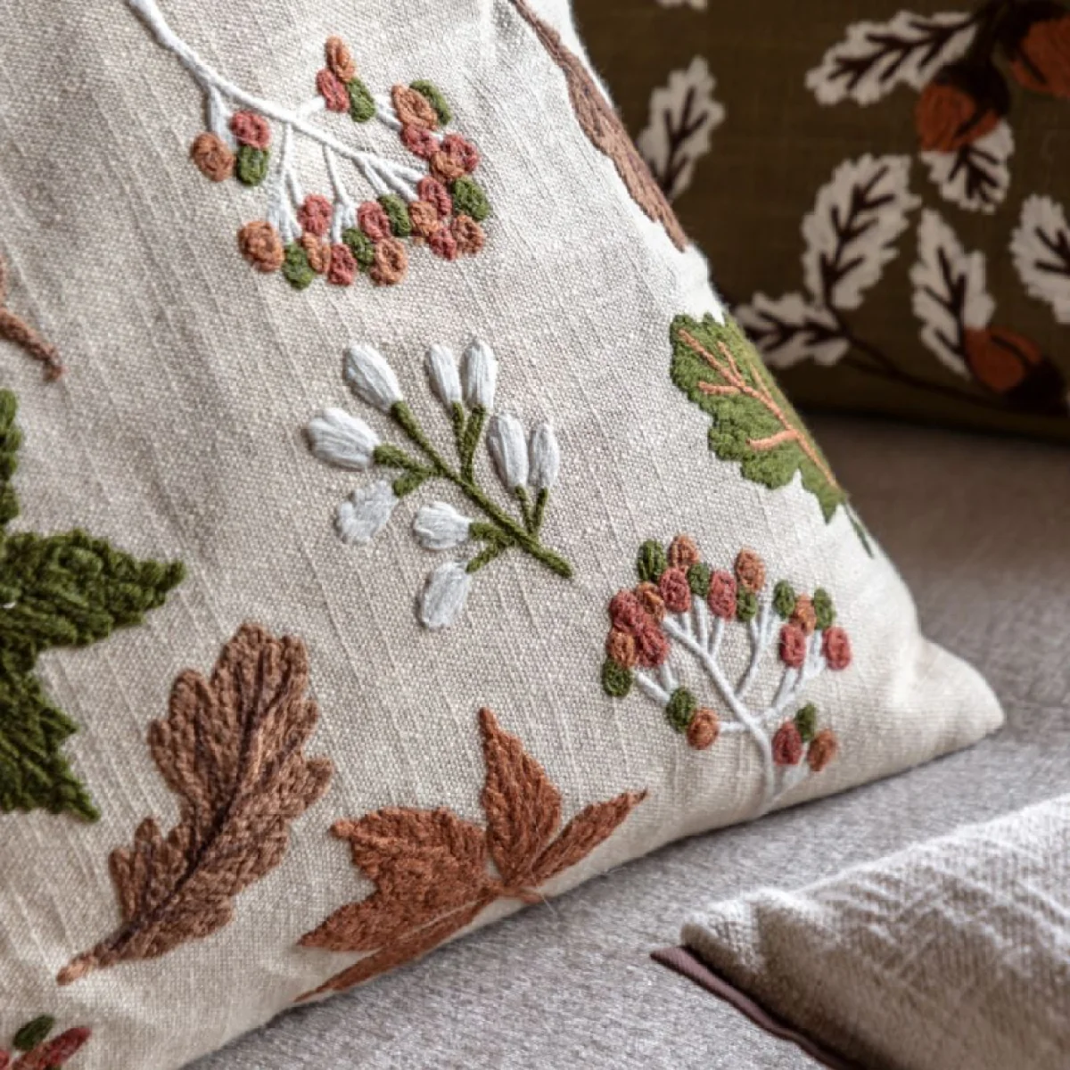 Autumnal Embroidered Leaves Cushion – image 6