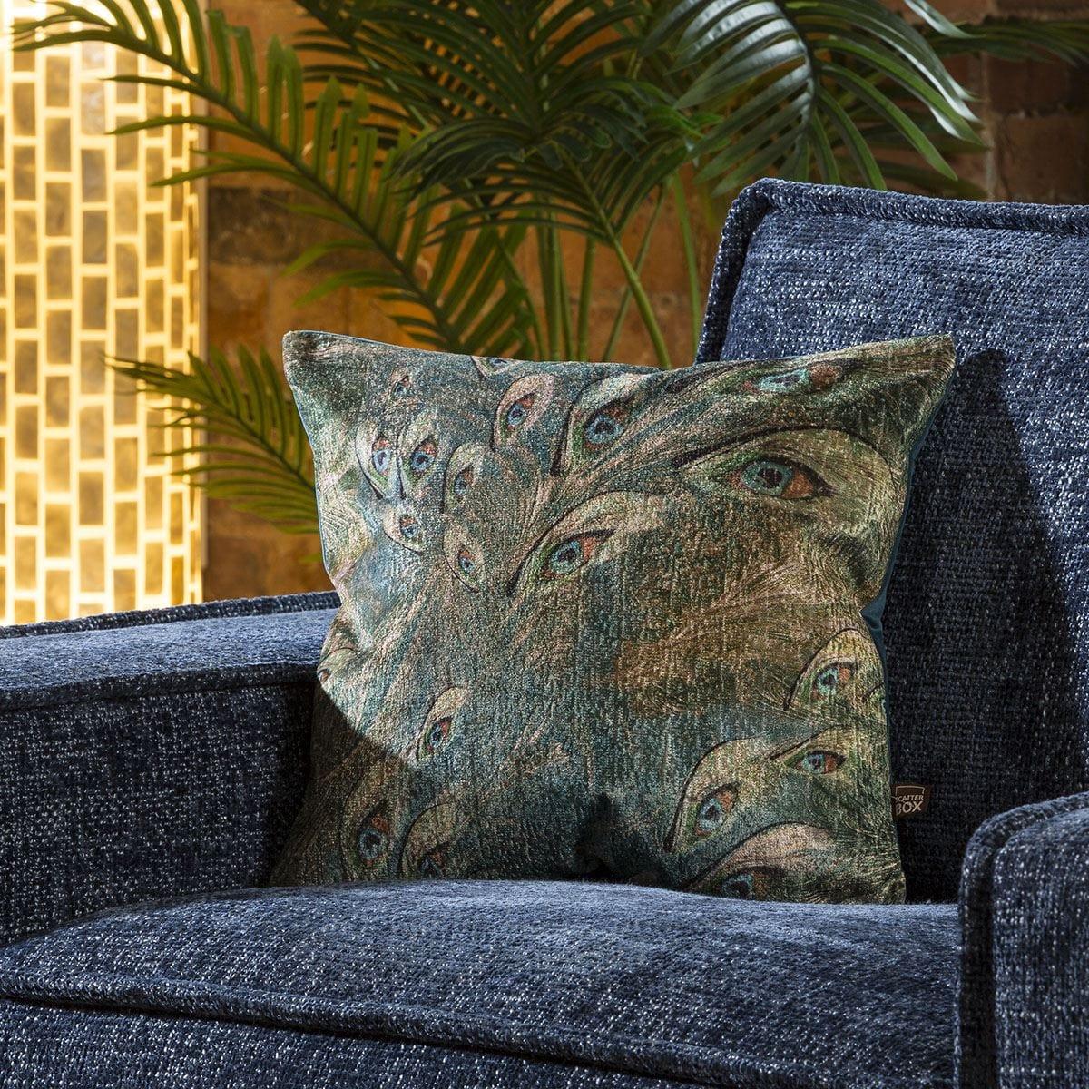 Velvet Peacock Feather Scatter Cushion Pillow 430 x 430mm Square Teal – image 1