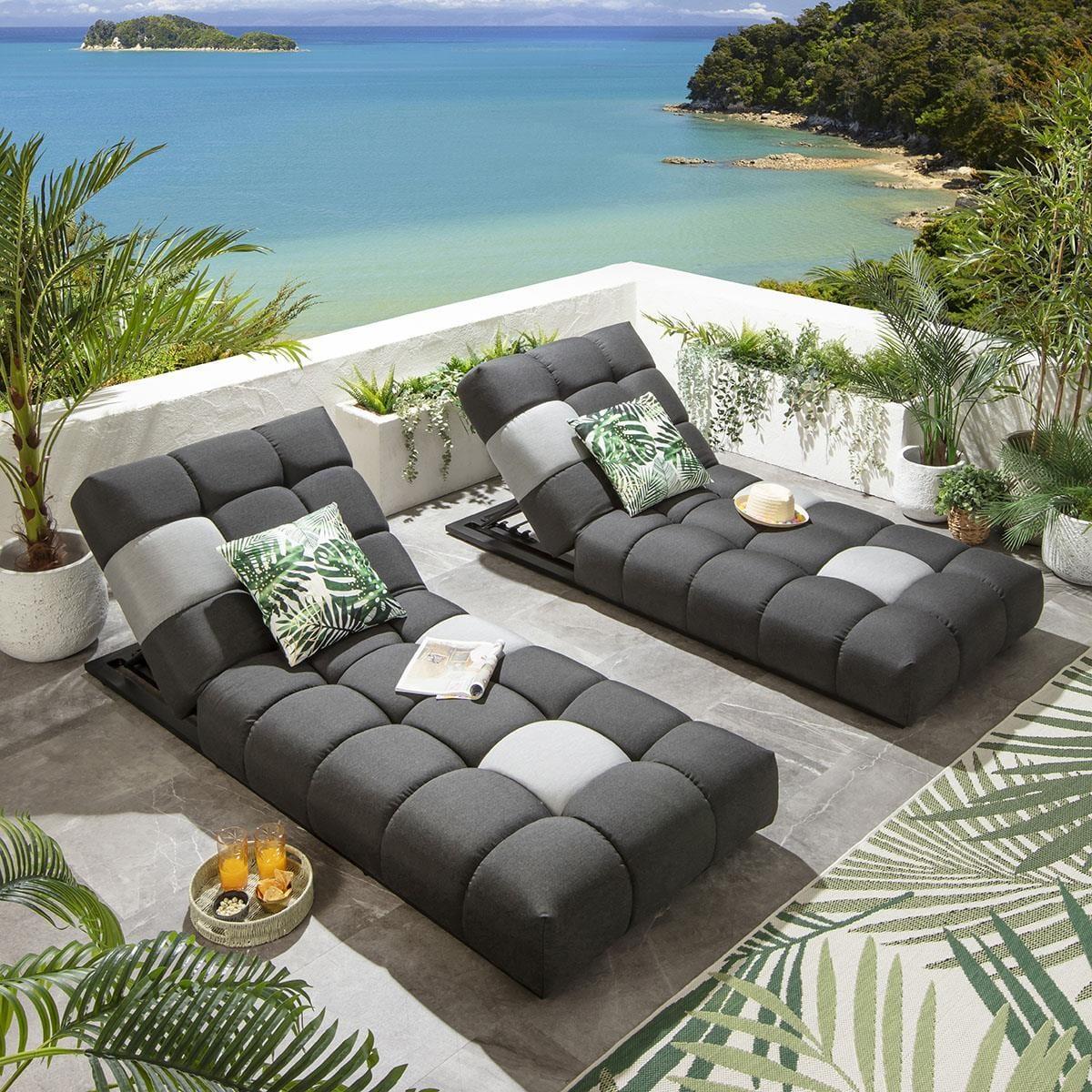 Set of 2 Garden Cushioned Sun Loungers Grey Sunbrella Outdoor Fabric – image 2