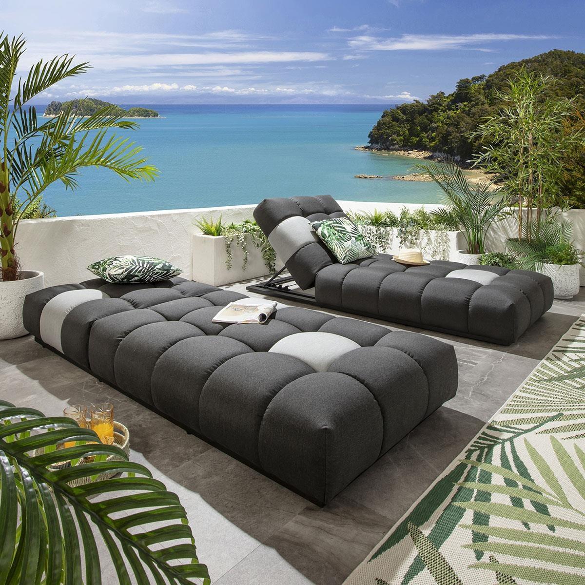 Set of 2 Garden Cushioned Sun Loungers Grey Sunbrella Outdoor Fabric – image 3