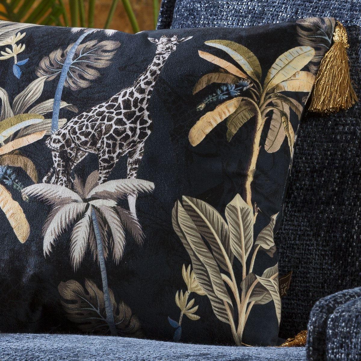 Velvet Giraffe Print Scatter Cushion with Tassles 450 Square Navy Gold – image 2