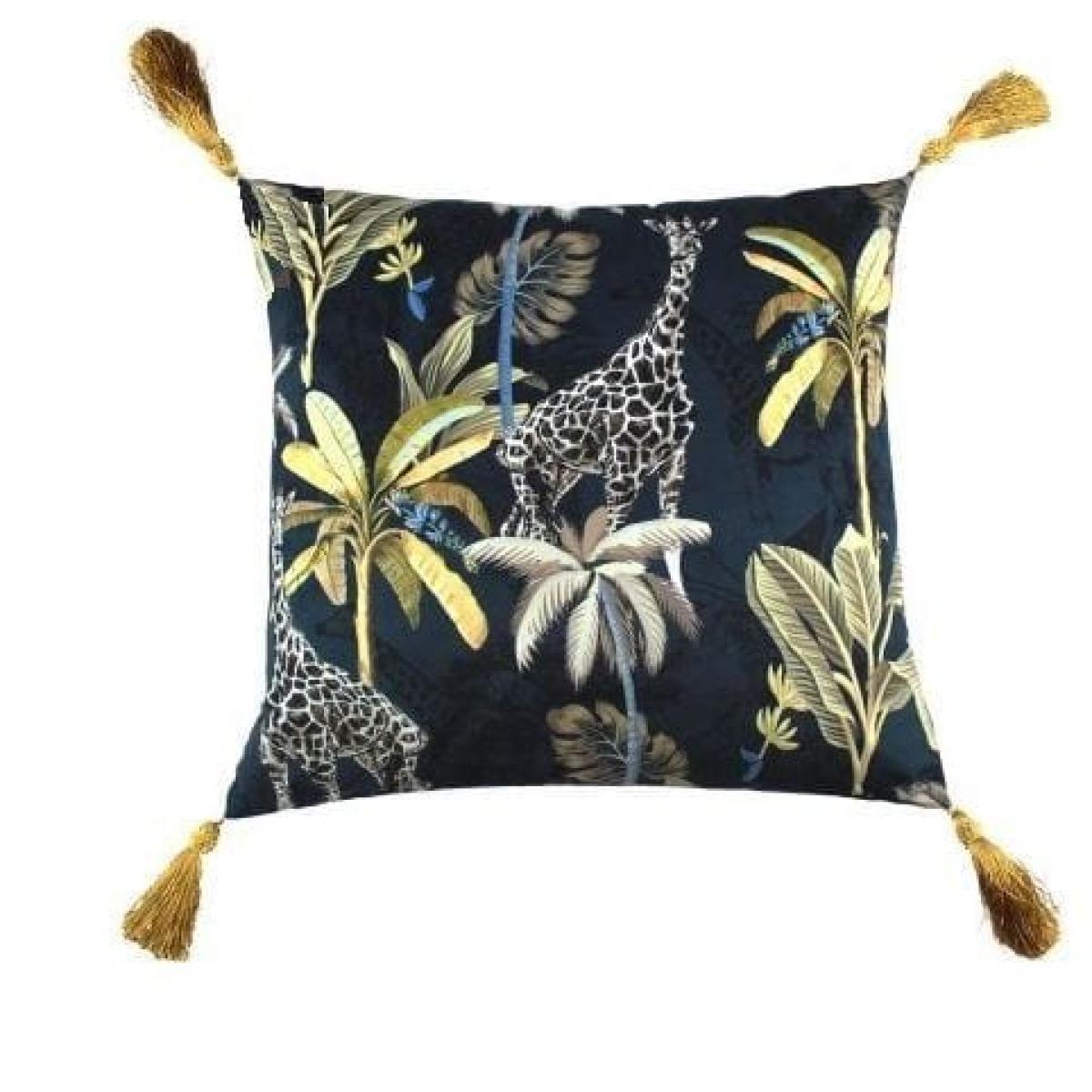 Velvet Giraffe Print Scatter Cushion with Tassles 450 Square Navy Gold – image 3
