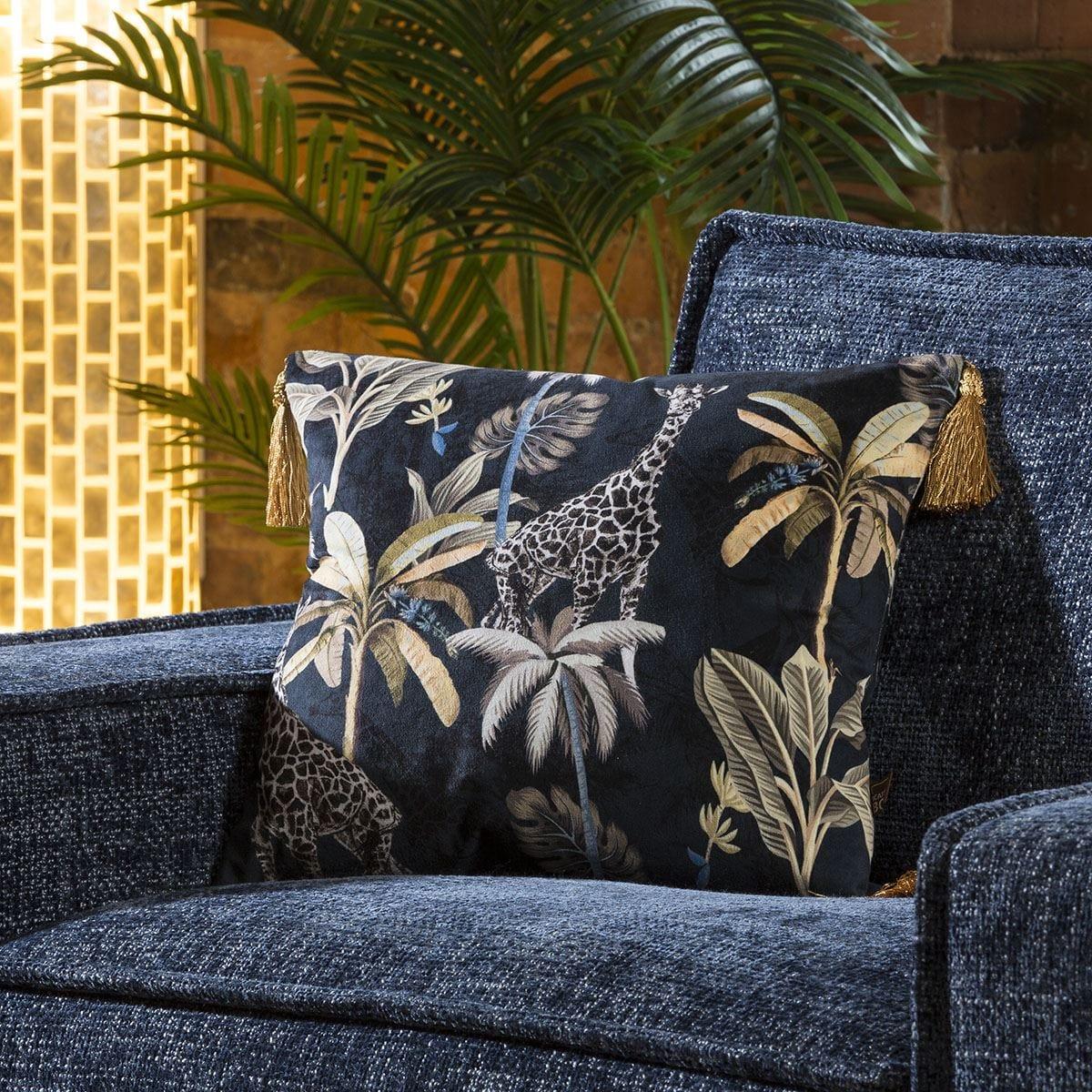 Velvet Giraffe Print Scatter Cushion with Tassles 450 Square Navy Gold – image 1