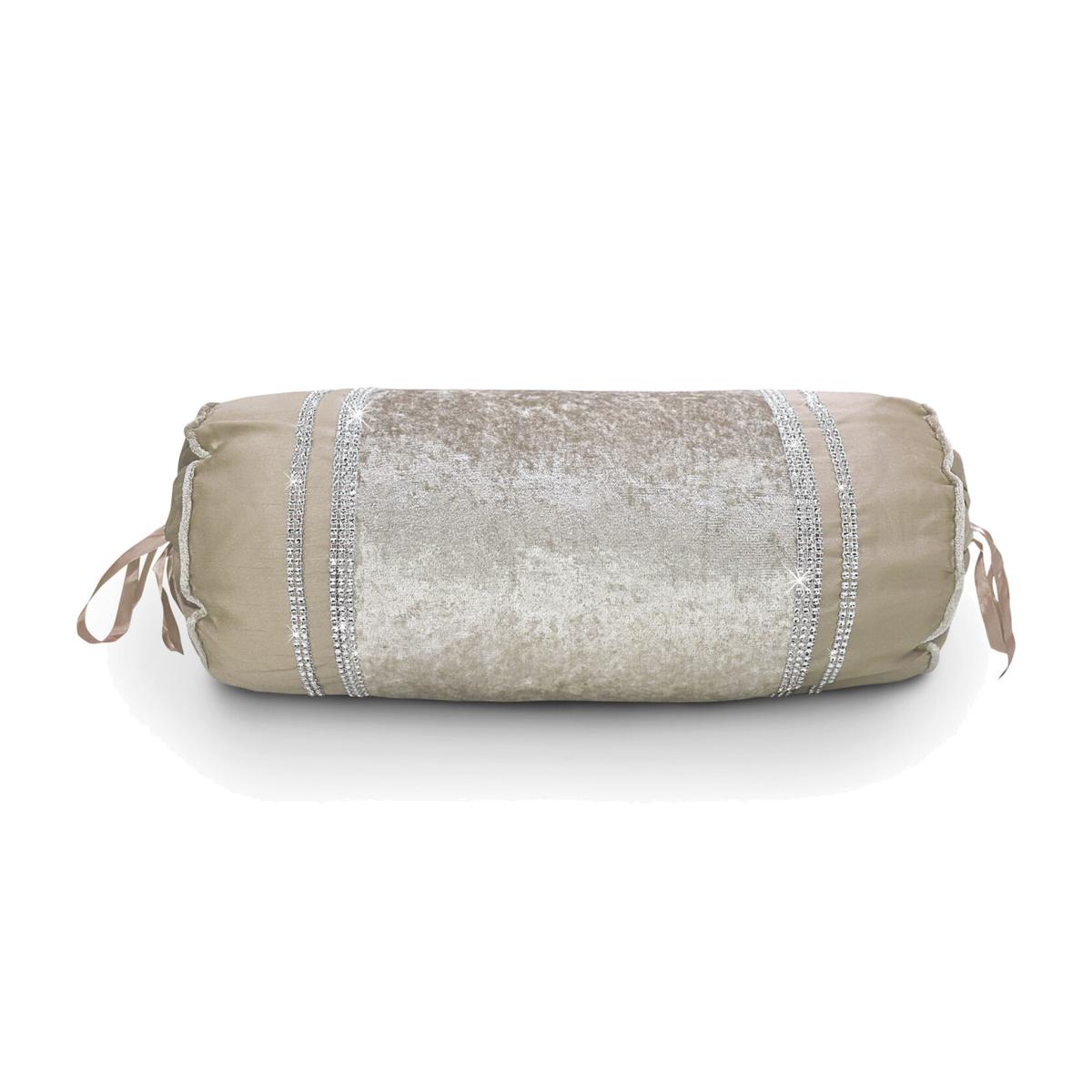 Crushed Velvet Diamante Detail Accessory Neck Roll Cushion - Natural