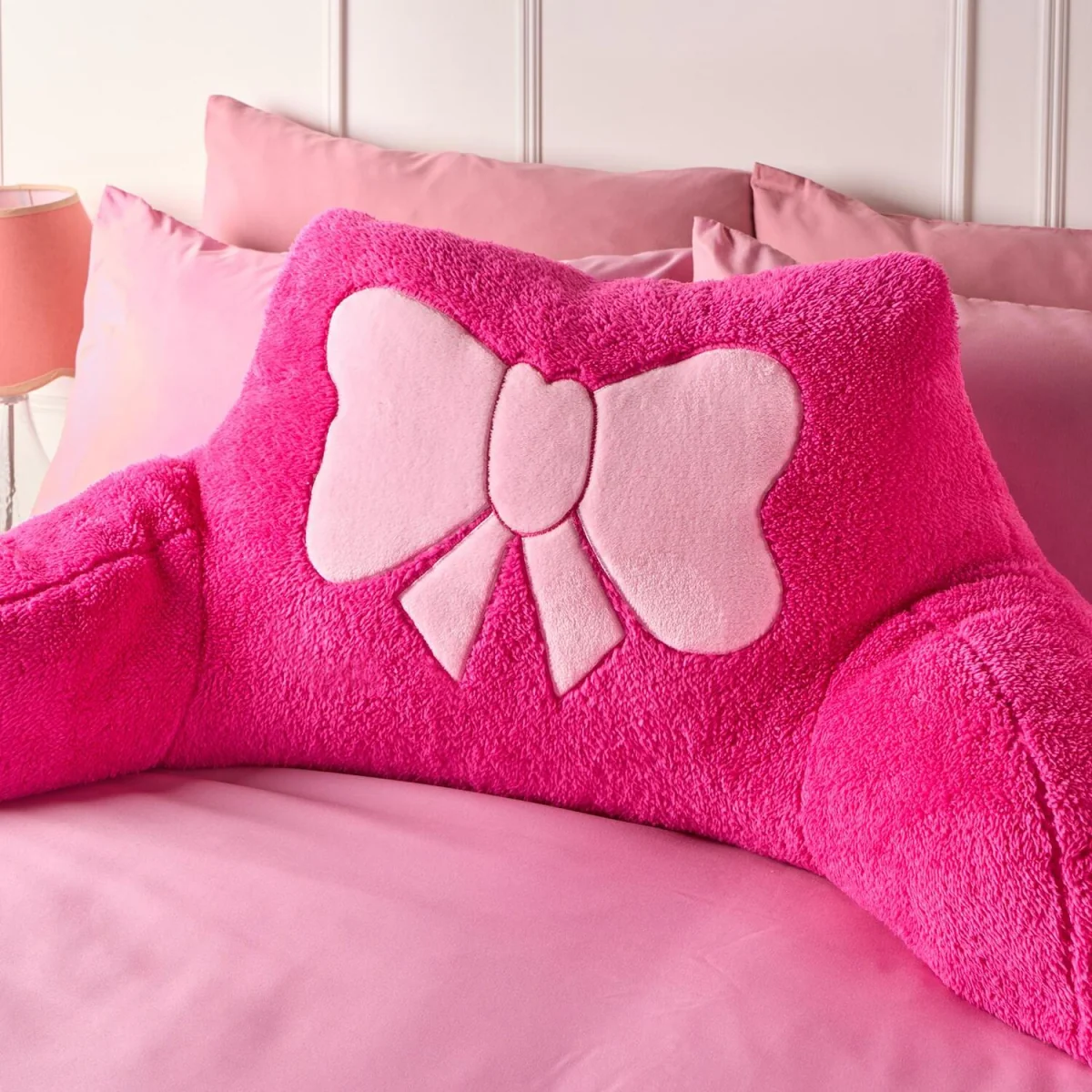 OHS Bow Embroidered Teddy Cuddle Cushion - Hot Pink – image 2