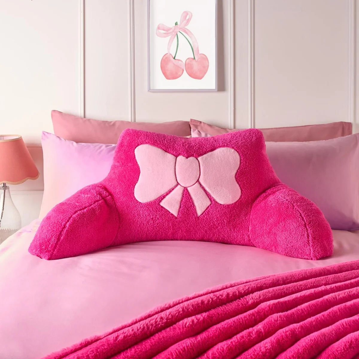 OHS Bow Embroidered Teddy Cuddle Cushion - Hot Pink – image 1