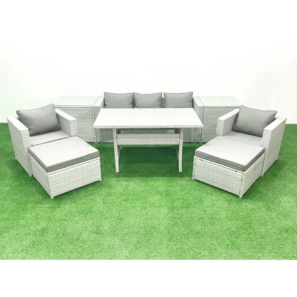 Fimous 7-Seater Outdoor Rattan Furniture Set with Cushions and Glass Dining Table Light Grey Mixed - Light Grey Mixed – image 5