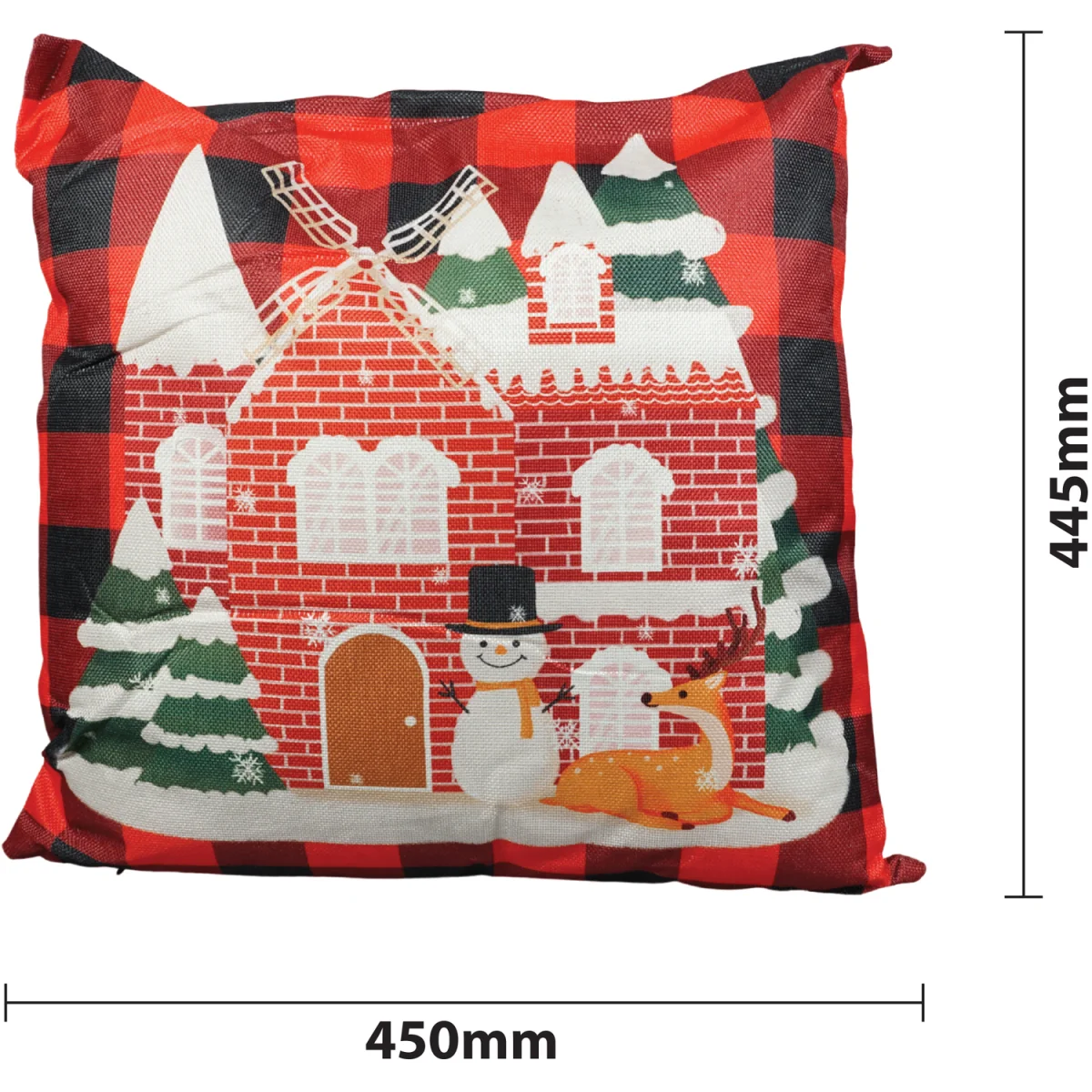 Christmas Themed Cushion Red Checkered With Windmill House - Red/Black – image 2
