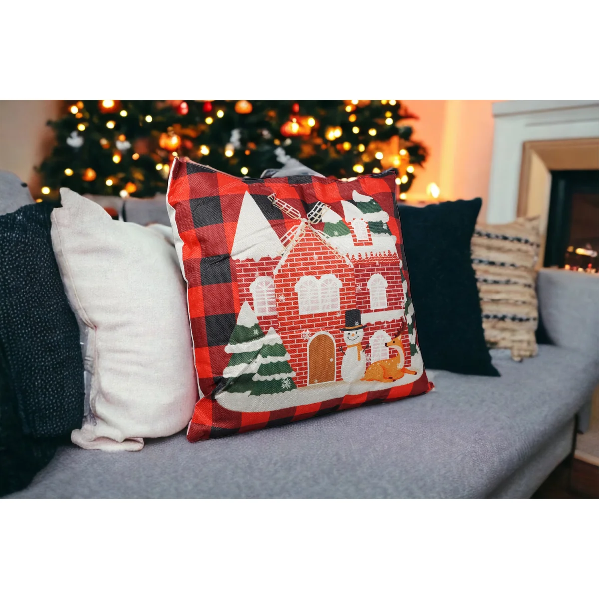 Christmas Themed Cushion Red Checkered With Windmill House - Red/Black – image 3
