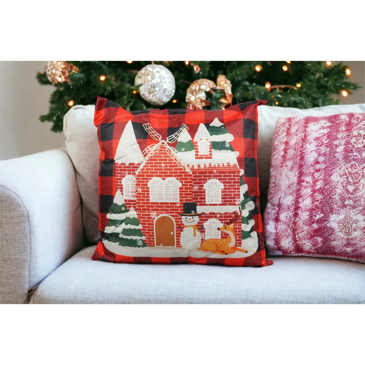 Christmas Themed Cushion Red Checkered With Windmill House - Red/Black – image 4