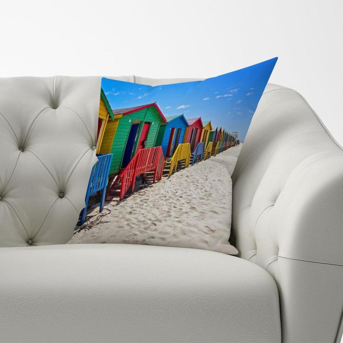 Beach Huts At Muizenberg Beach, Cape Town, South Africa Cushion - Blue – image 1