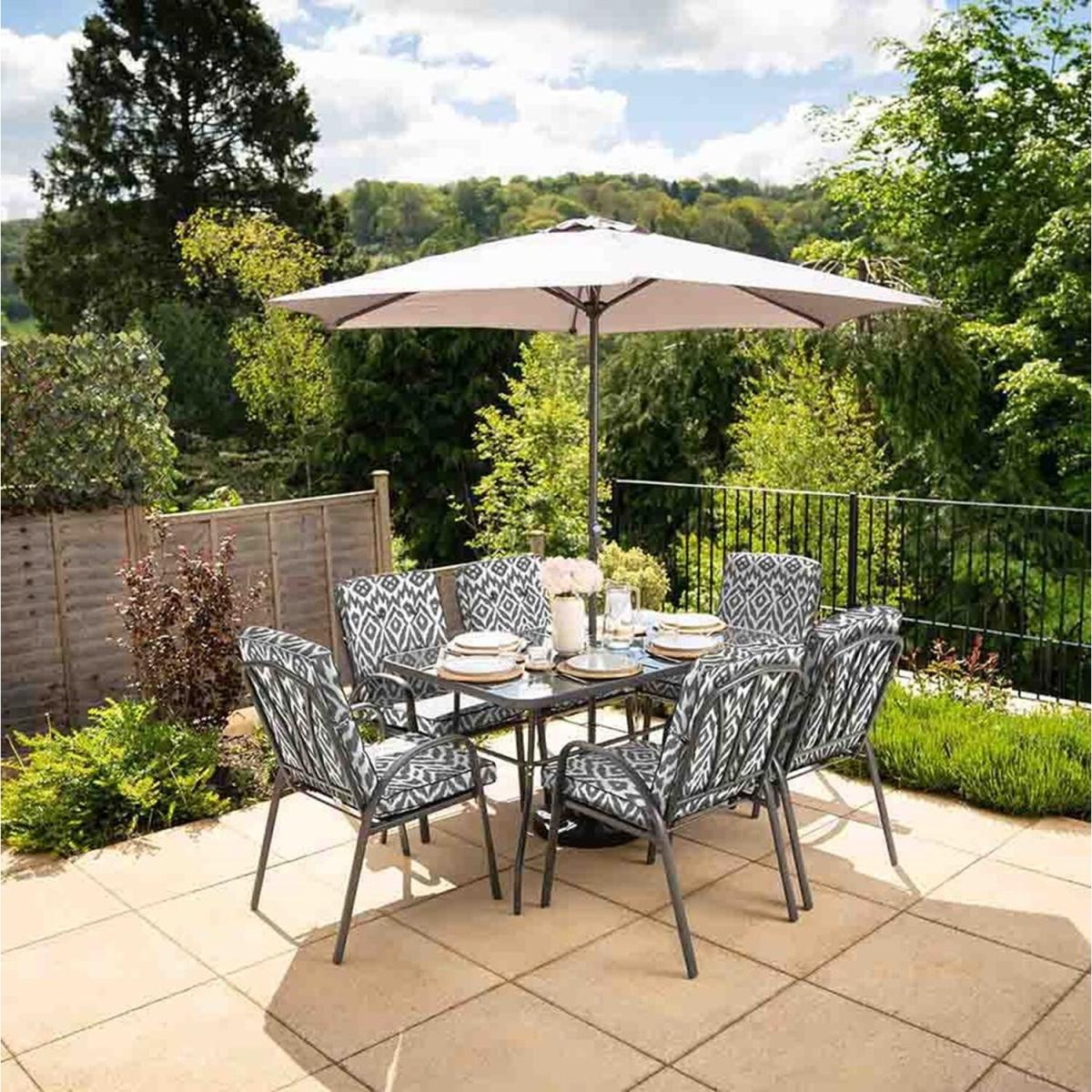 6 Seater Patterned Cushions Garden Dining Furniture Set - Grey