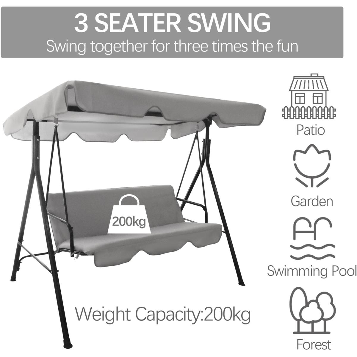 3 Seater Garden Swing Grey with Cushions and Canopy - Grey – image 3