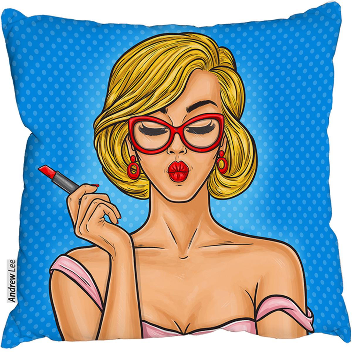 Pop Art Illustration Woman Paints Her Lips Cushion - Blue / 60 – image 2