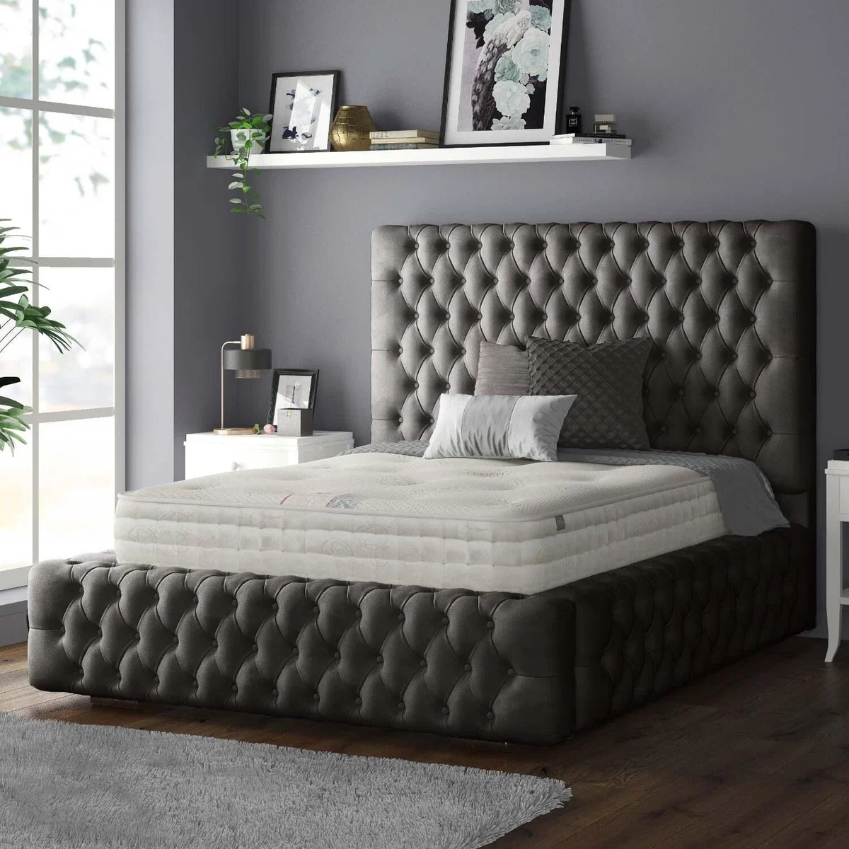 Royal Cushioned Chesterfield Plush Velvet Bed Frame 10 Inch Border - Charcoal / Single