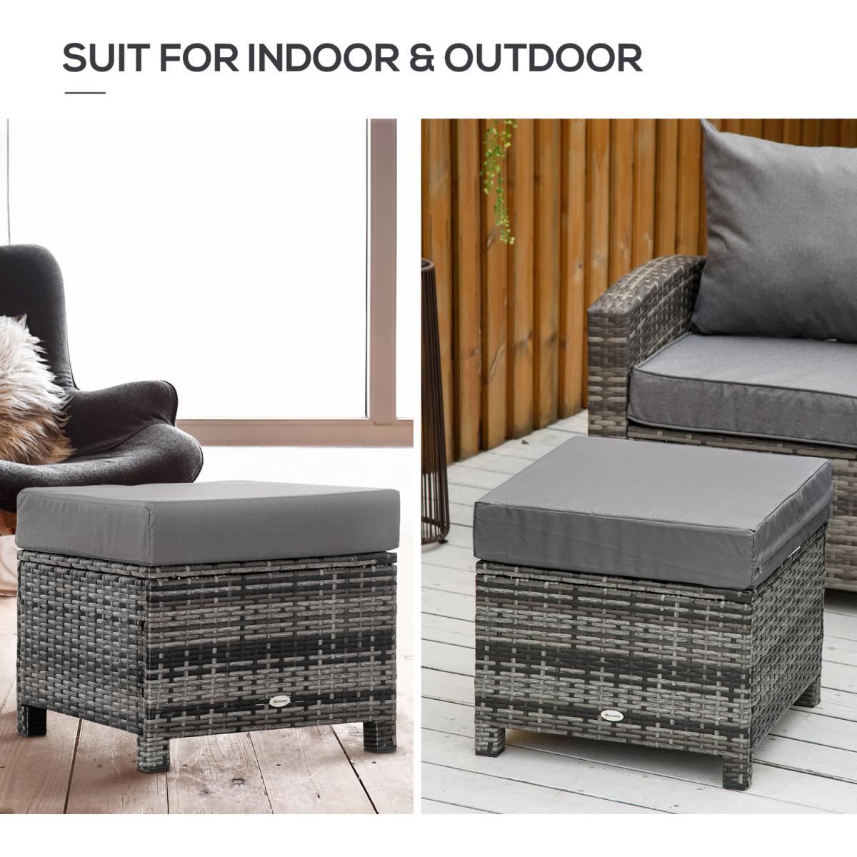 Rattan Footstool Wicker Ottoman with Padded Seat Cushion - Grey – image 4
