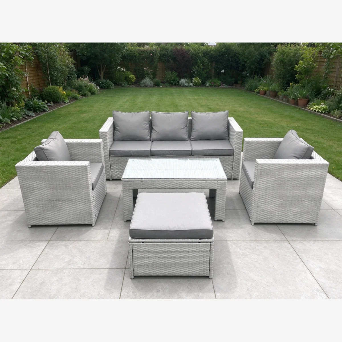 5-Piece Rattan Garden Furniture Set with Cushions Tempered Glass Table