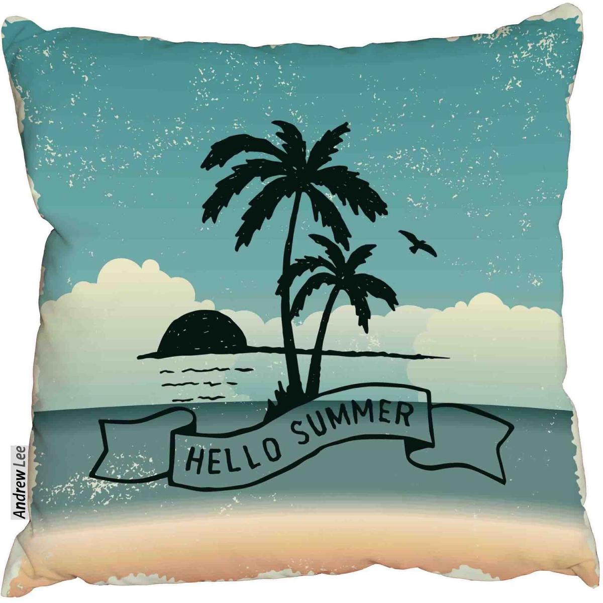 Sunset, palm trees and flying bird Outdoor Cushion - Blue / 60cm – image 2