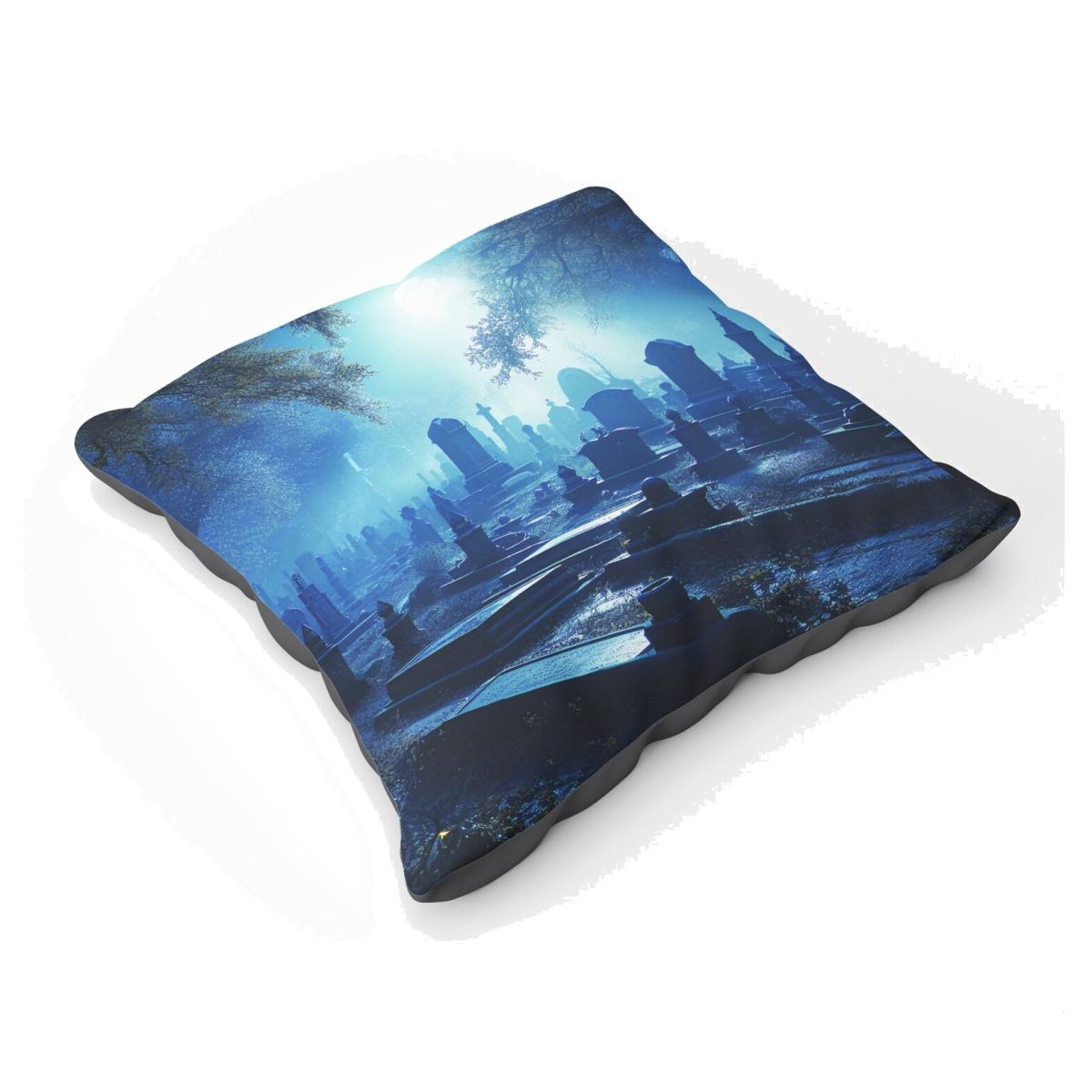 A Breathtaking Scene Of A Moonlit Graveyard Floor Cushion - Blue