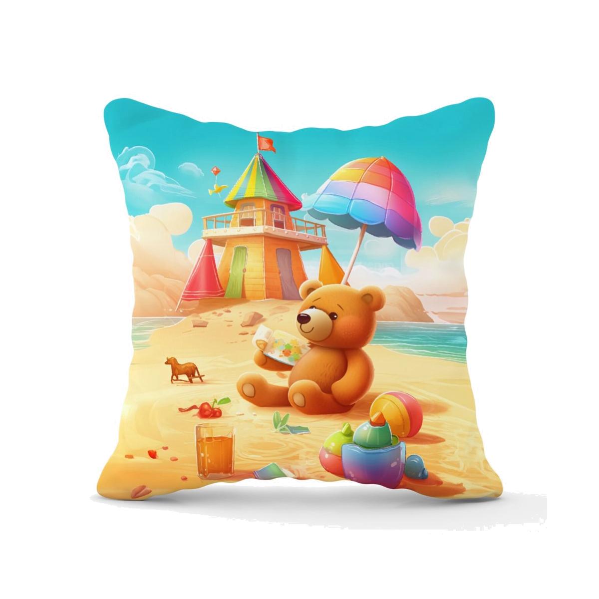 Bear On A Beach Holiday Cushion - Yellow / 45cm
