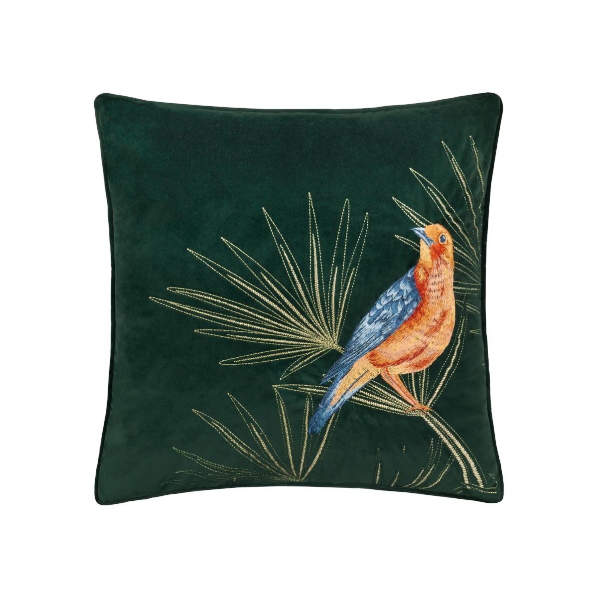 Odisha Exotic Bird Embroidered Cushion - Emerald / 80 Feather 20 Polyester