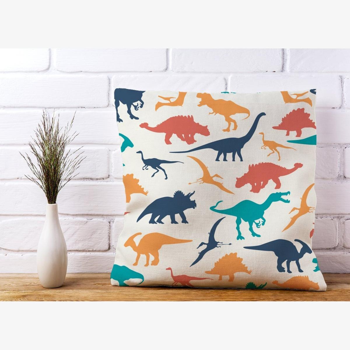 Multicoloured Dinosaurs Cushion - Yellow