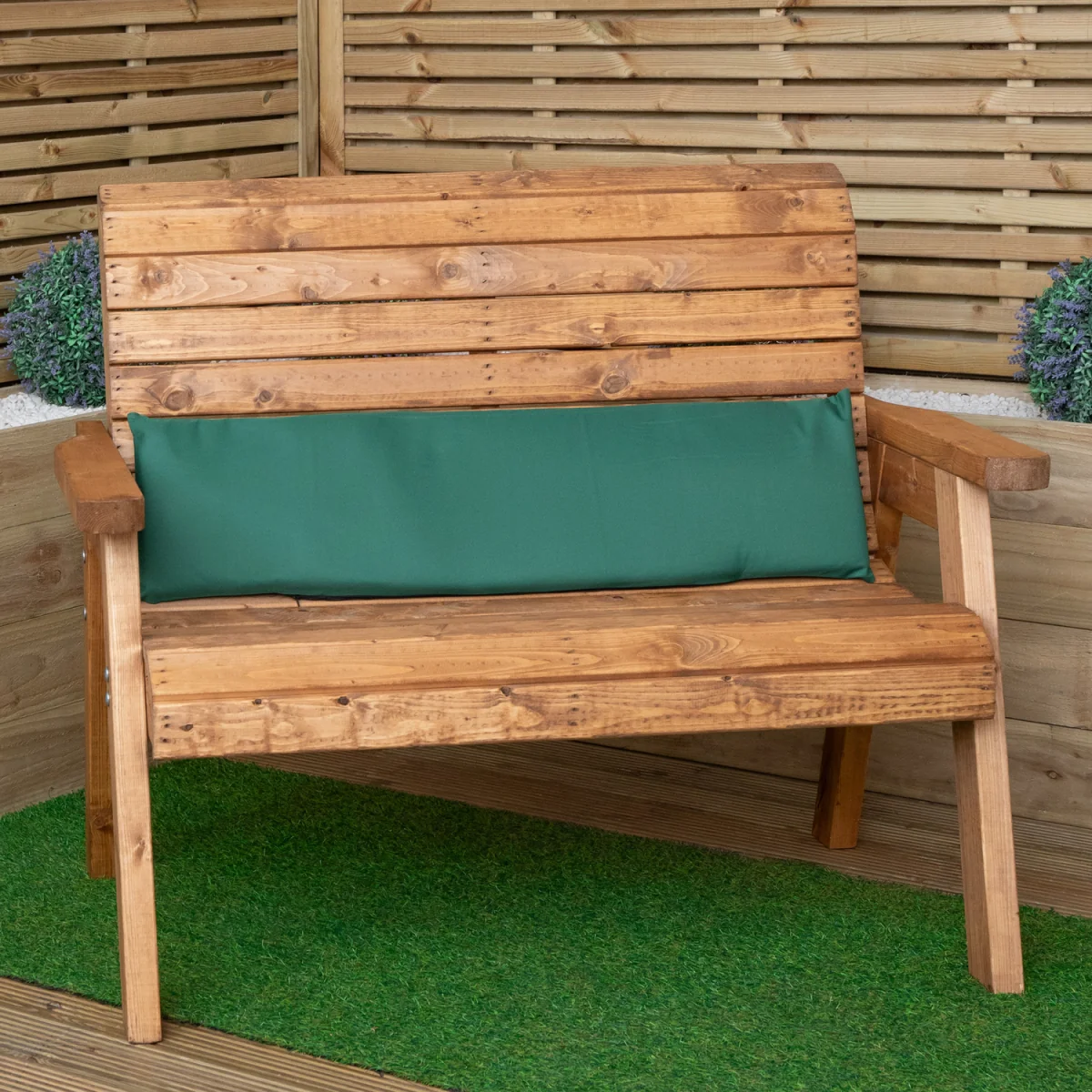 Hand Made 4 Seater Chunky Rustic Wooden Furniture with 2 Benches, Straight Tray & Green Cushions - Brown/Green – image 3