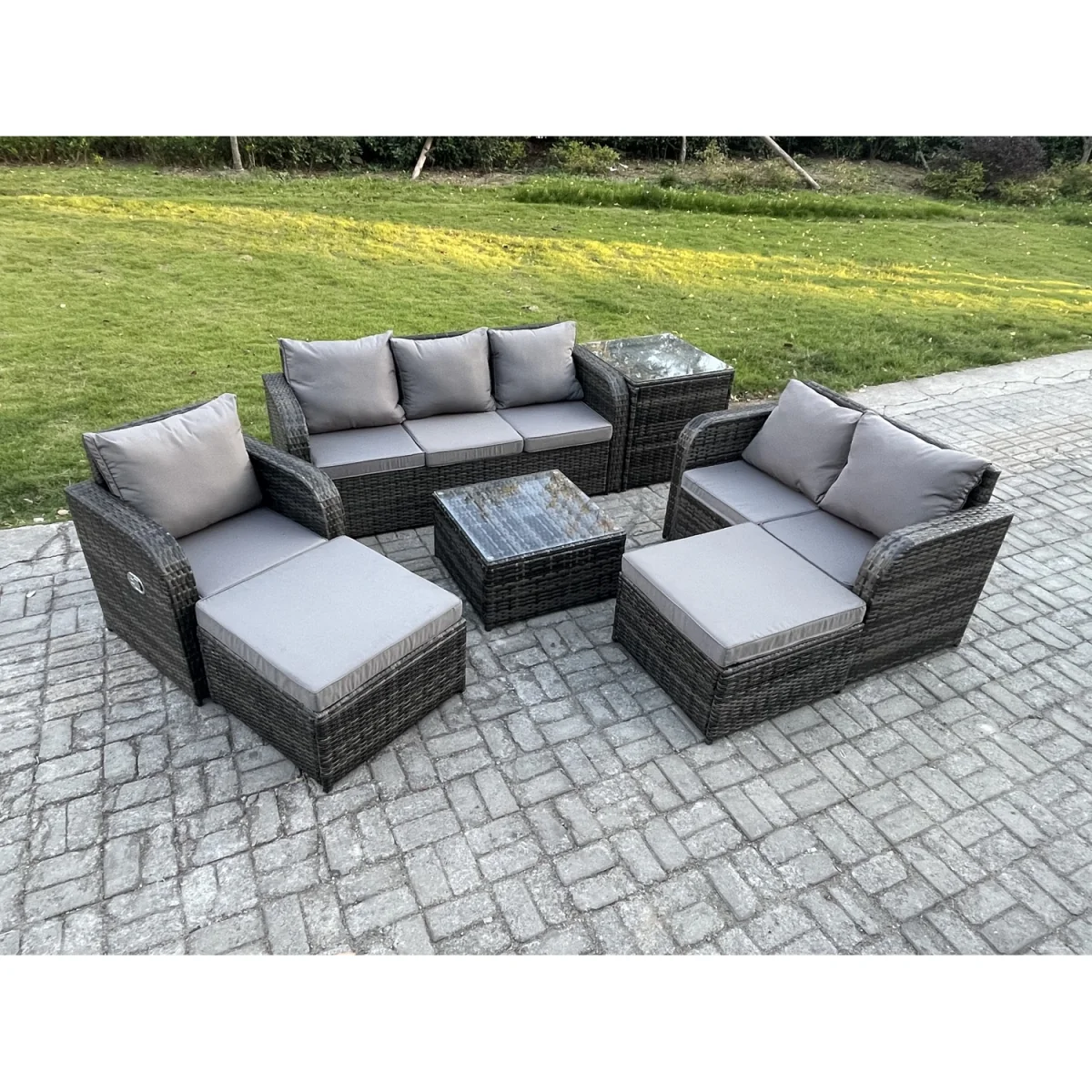 Fimous 7-piece 8-seater Rattan Garden Furniture Set with Dark Grey Cushions. - Dark grey mixed rattan with dark grey fabric – image 5