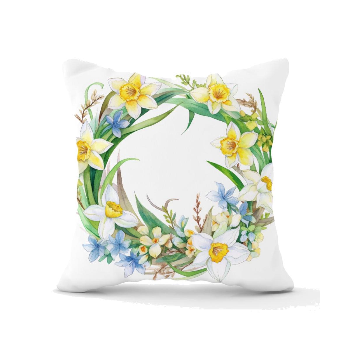 Boho Daffodil Watercolour Wreath Cushion - Green / 45cm
