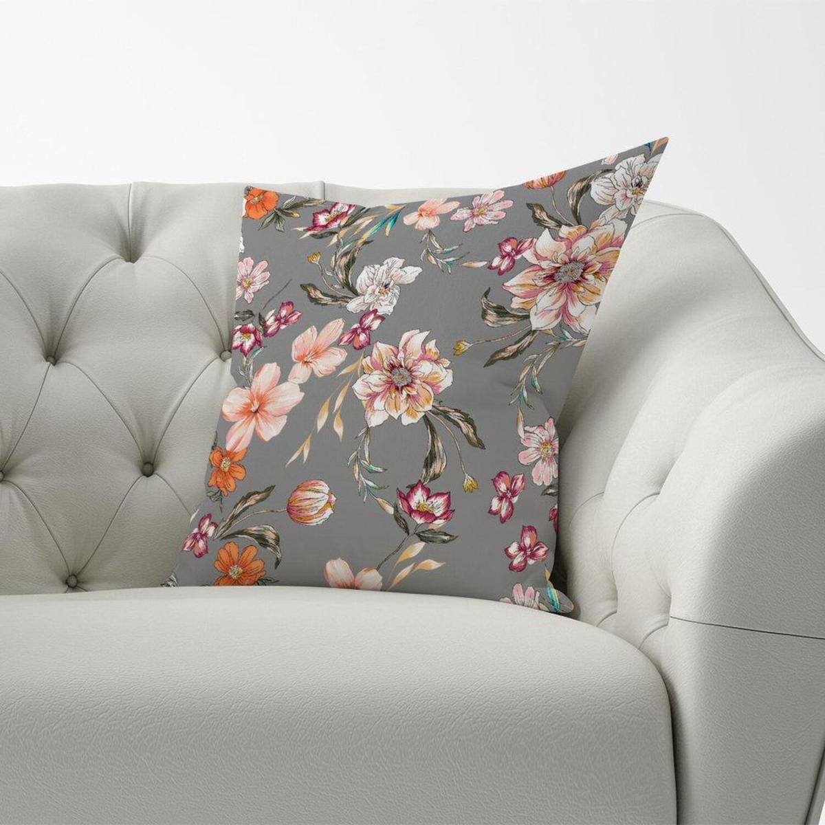Peony, Lily, Tulip, Daisy Colorful On Grey Background Cushion - Grey / 45cm – image 3