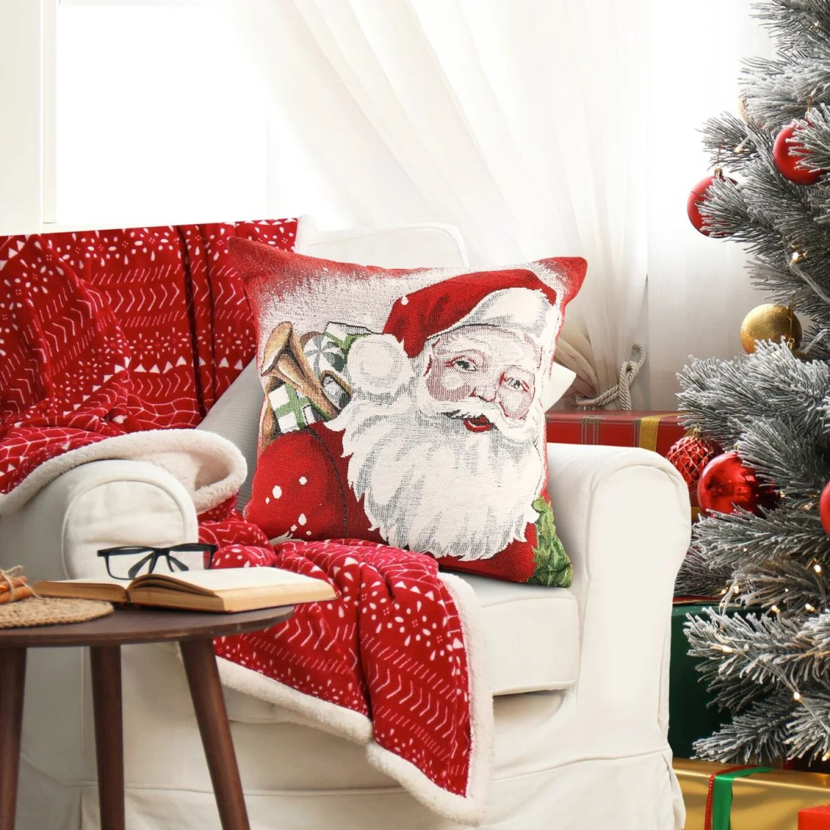 Noel Square Luxury Chenille Xmas Santa Gifts Filled Cushion - Red – image 2