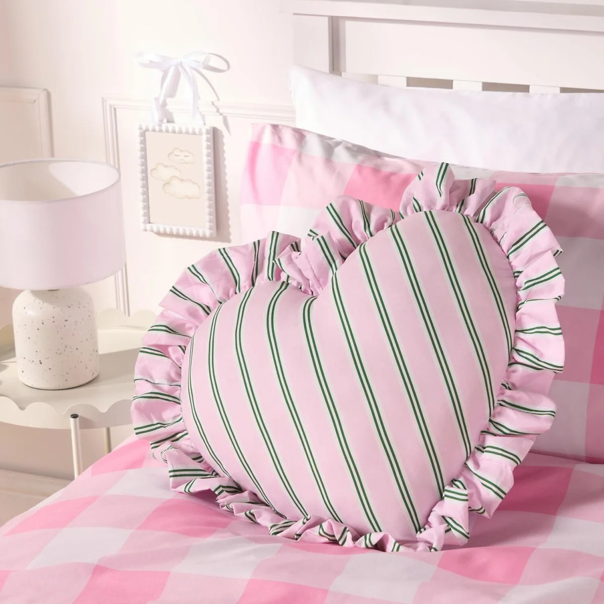 OHS Frill Heart Shaped Stripe Cushion - Pink/Green – image 2
