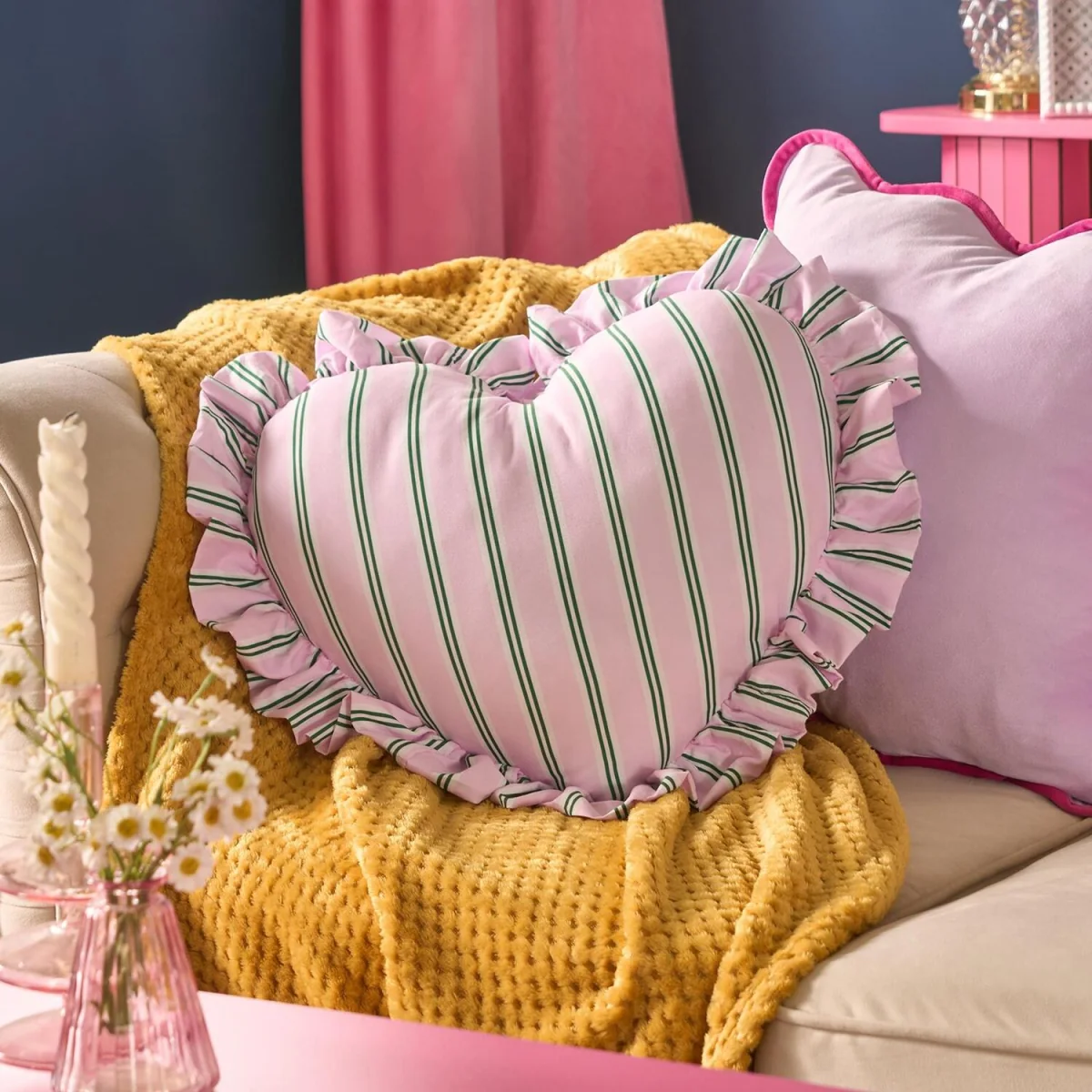 OHS Frill Heart Shaped Stripe Cushion - Pink/Green – image 3