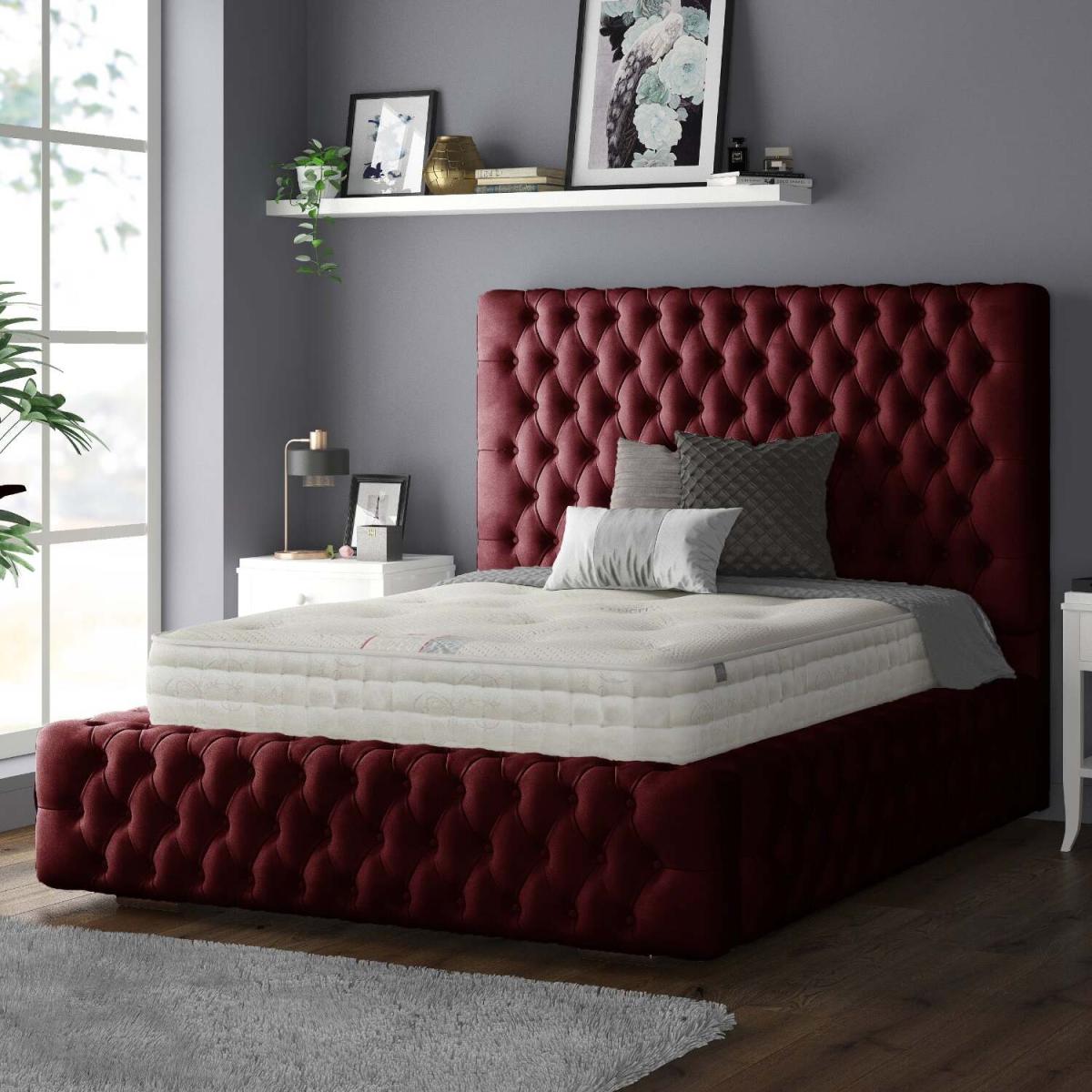 Royal Cushioned Chesterfield Plush Velvet Bed Frame 5 Inch Border - Burgundy / Single
