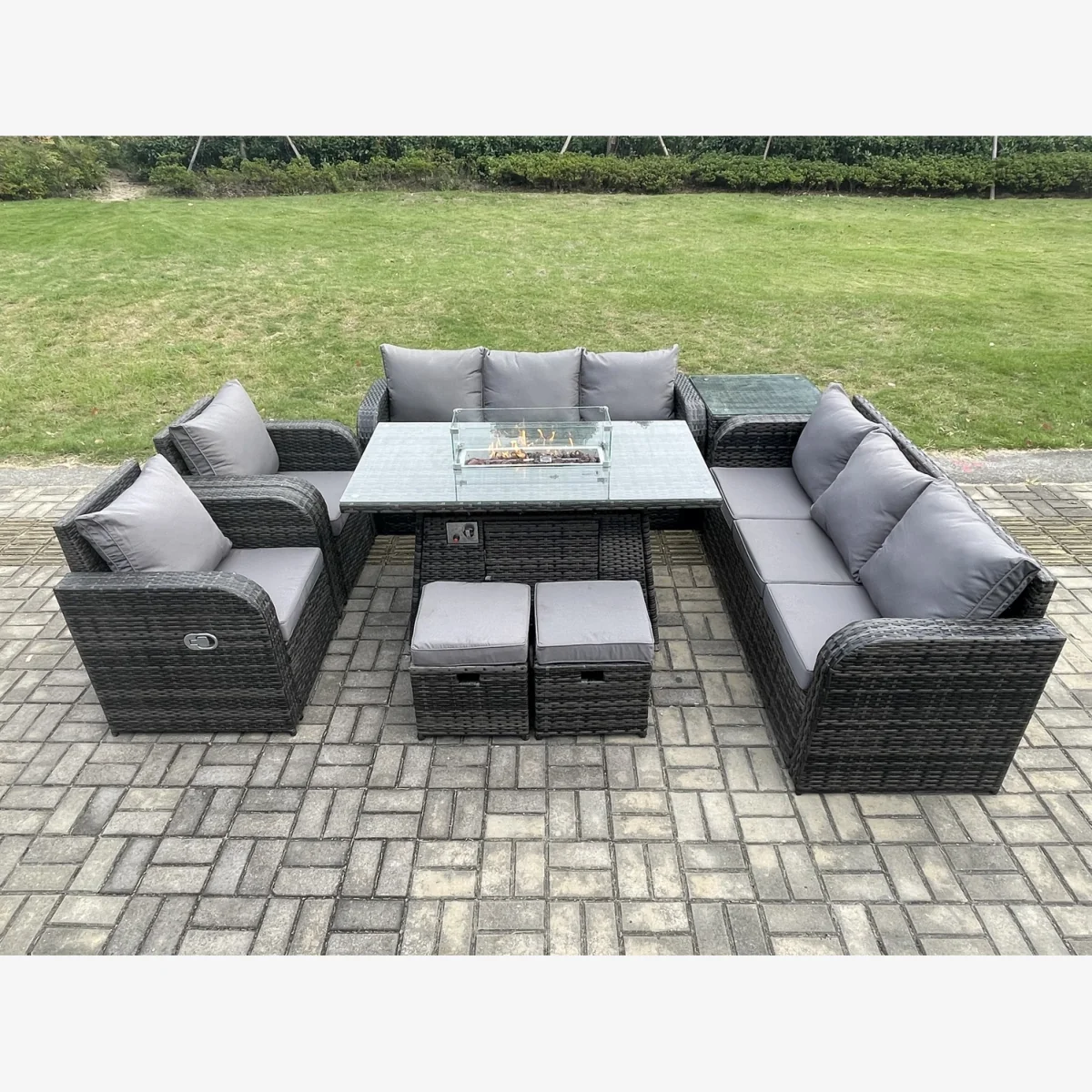 Fimous Wicker Rattan Garden Furniture Set with Gas Fire Pit Table and Cushions. - Dark Grey – image 1