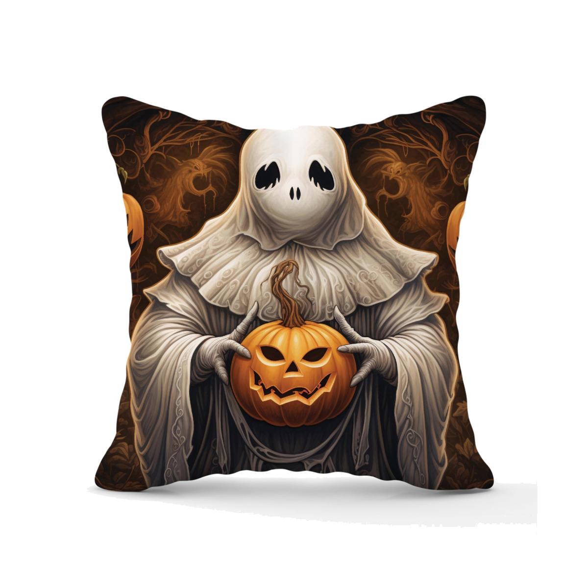 Spooky White Ghost Holding Pumpkin Outdoor Cushion - White / 60cm