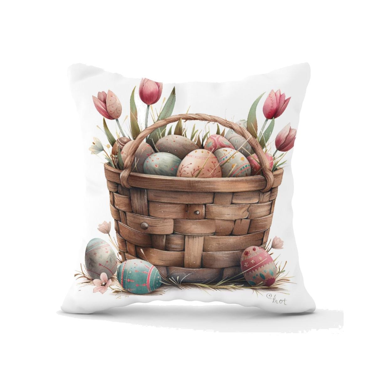 Easter Egg Basket And Tulips Cushion - Neutral / 45cm