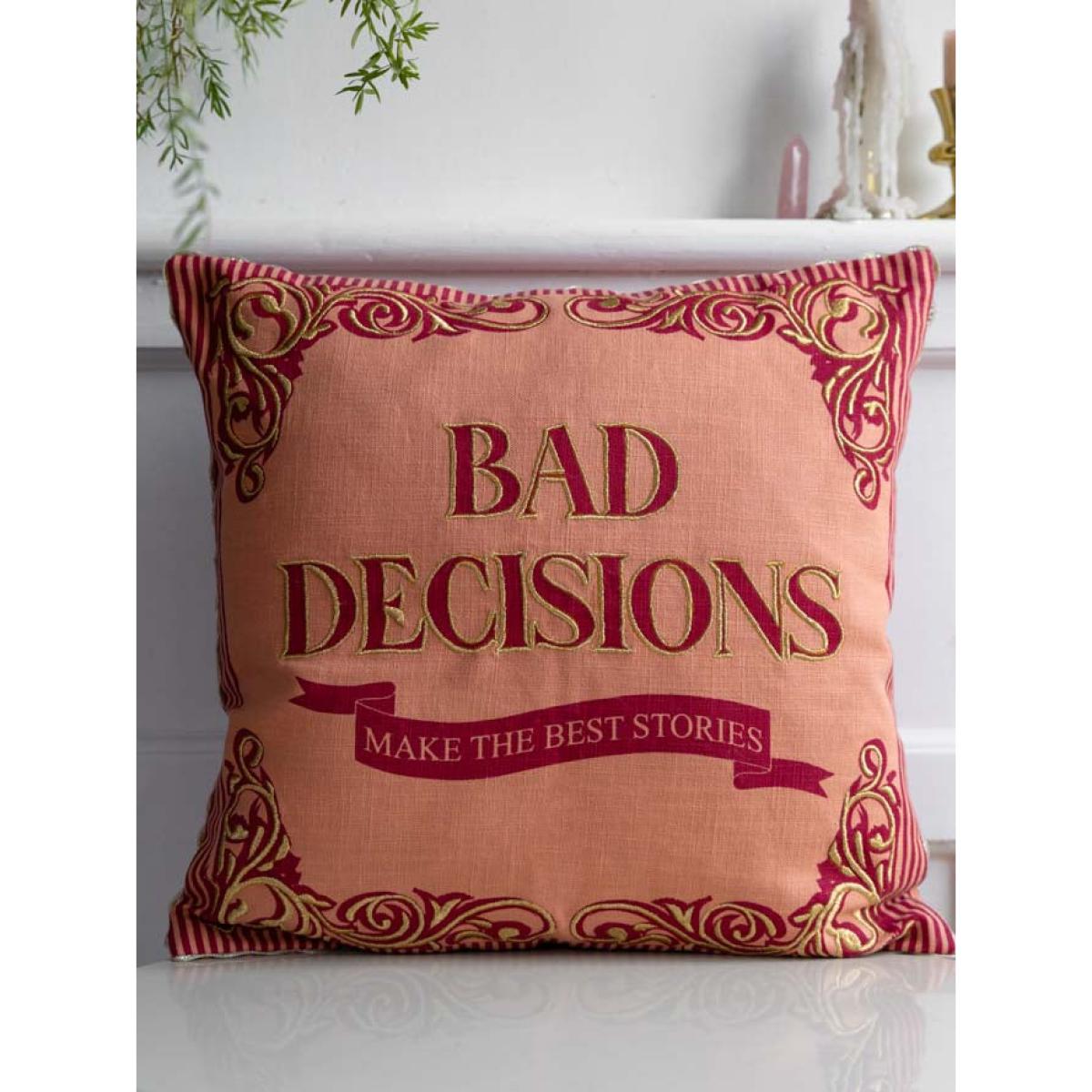 Pink & Gold Embroidered Bad Decisions Cushion – image 2