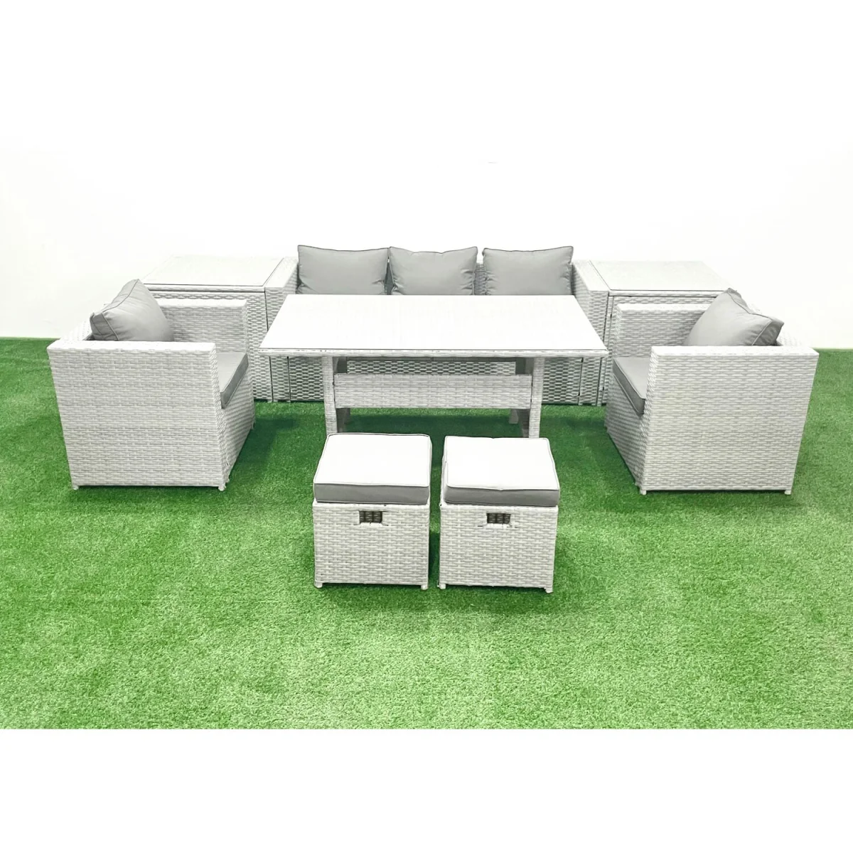 Fimous 7-Seater Outdoor Rattan Garden Furniture Set with Cushions and Tempered Glass Table. - Light Grey Mixed – image 1