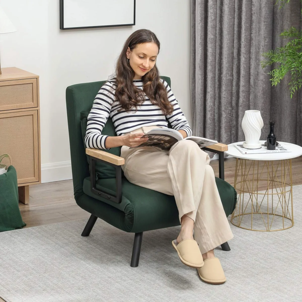 Zifayo Velvet Green 4-in-1 Convertible Single Chair Bed with Cushion – image 4