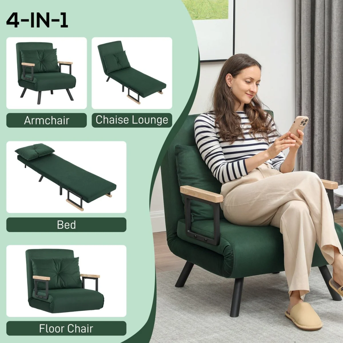 Zifayo Velvet Green 4-in-1 Convertible Single Chair Bed with Cushion – image 6