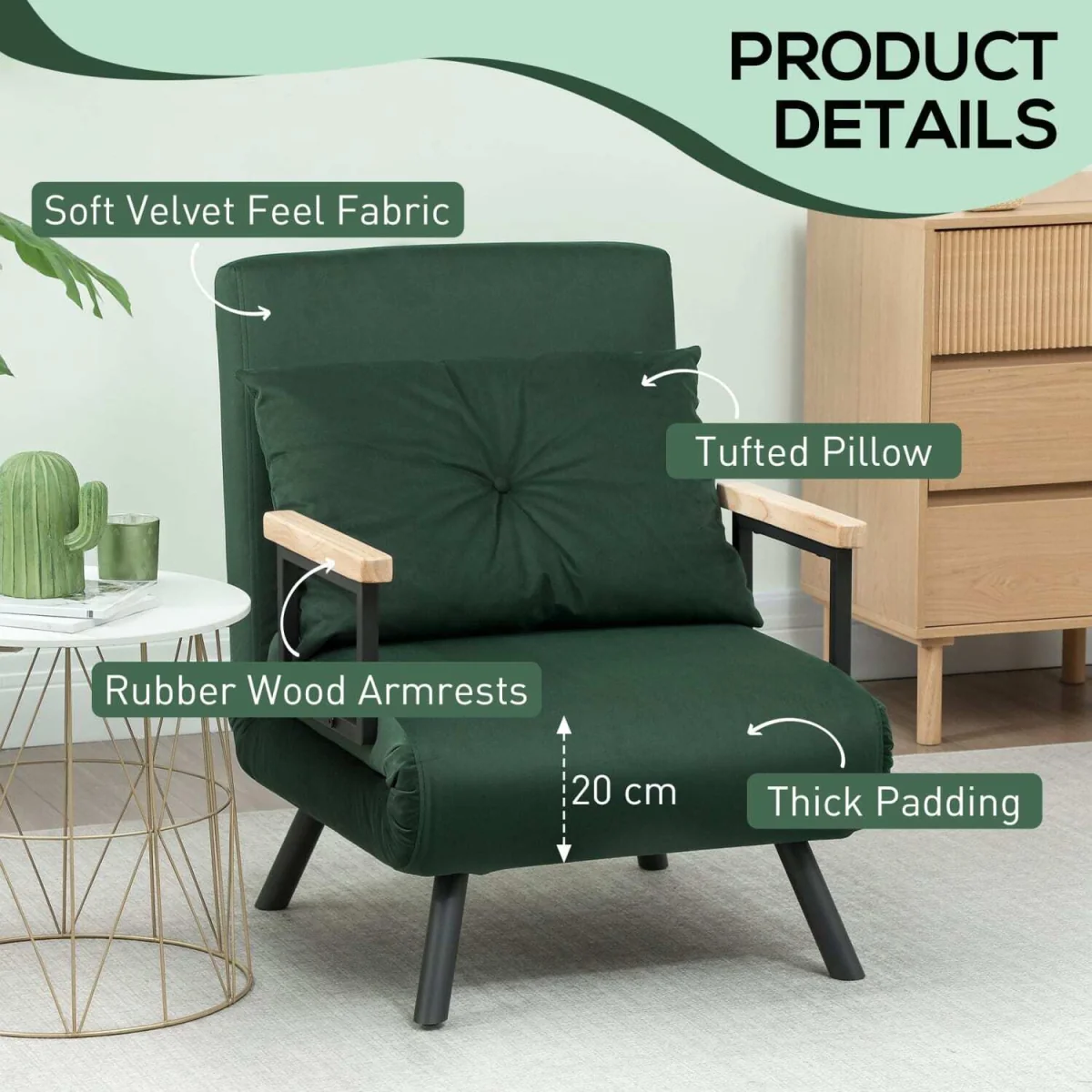 Zifayo Velvet Green 4-in-1 Convertible Single Chair Bed with Cushion – image 8