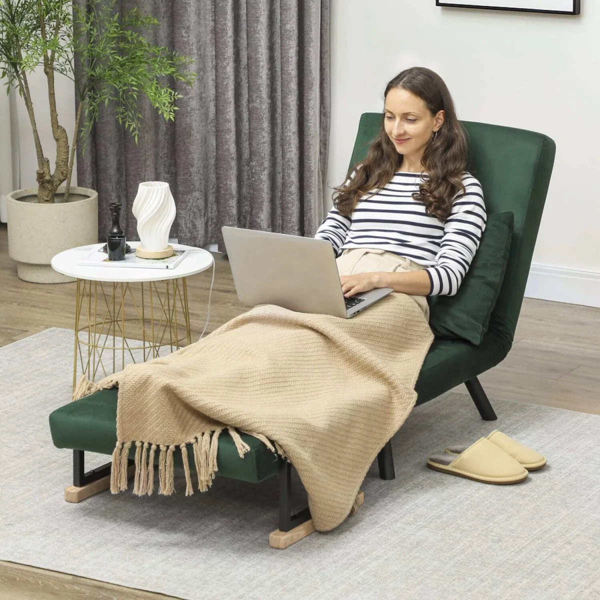 Zifayo Velvet Green 4-in-1 Convertible Single Chair Bed with Cushion – image 9