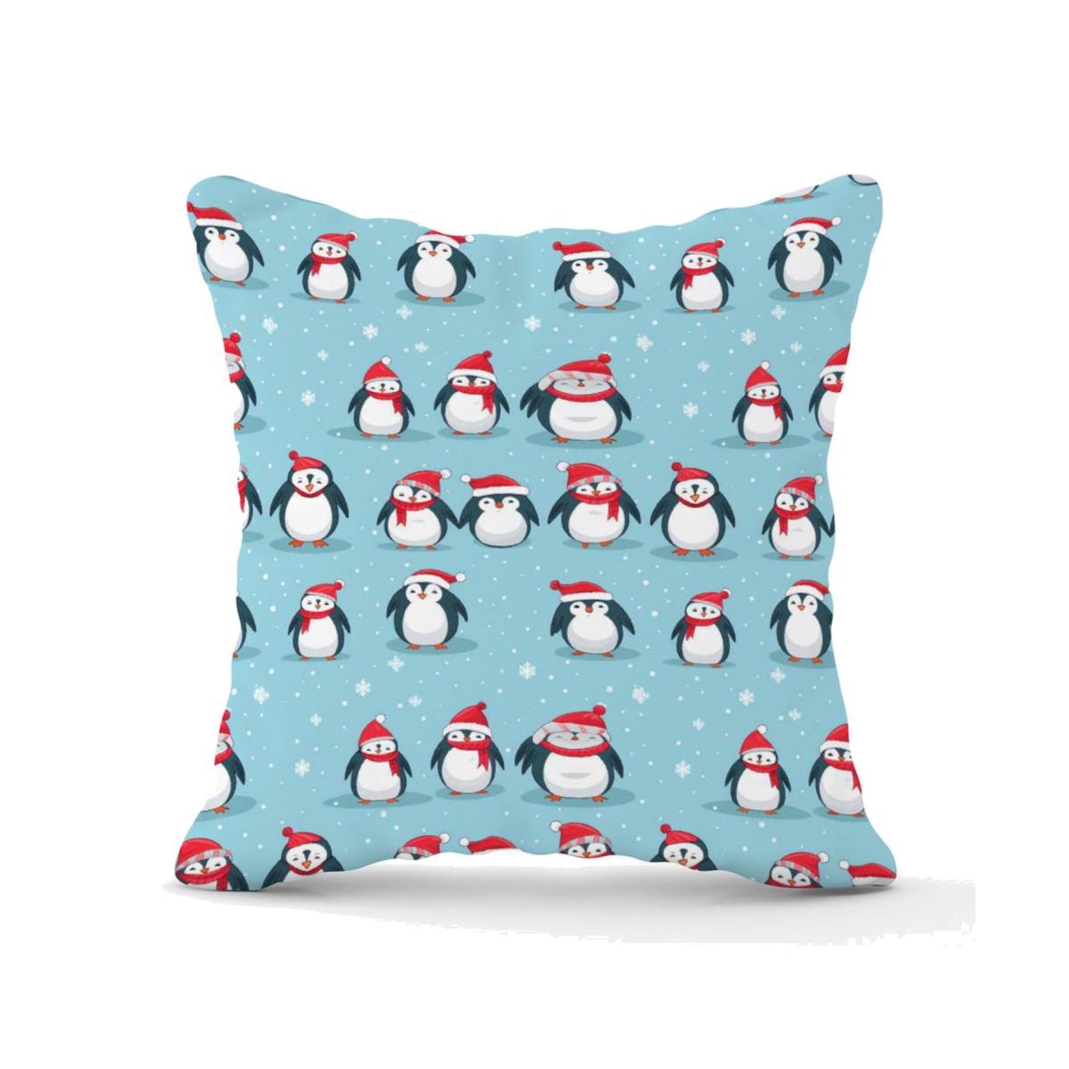 Adorable Santa Penguins Cushion - Blue / 45cm