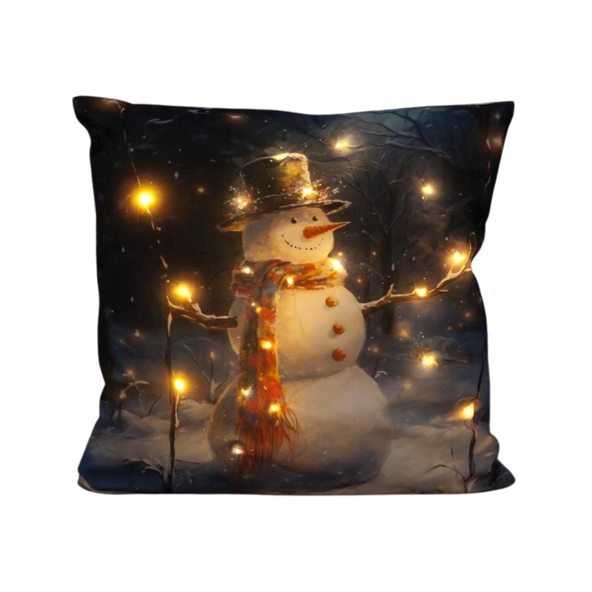 Battery Operated LED Cushion Snowman in Hat and Scarf - Multicoloured
