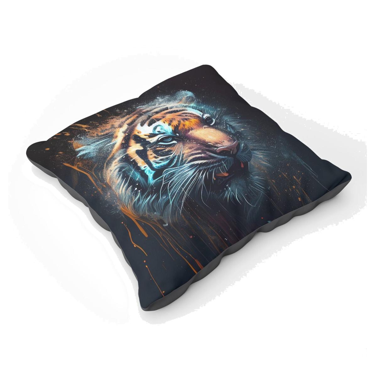 Tiger Face Splashart Dark Background Floor Cushion - Brown