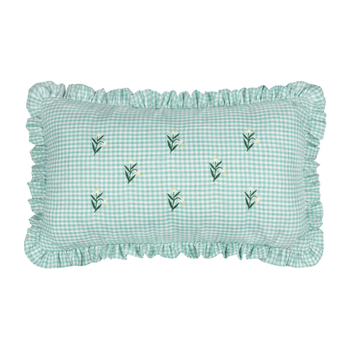 Les Petite Fleurs Cotton Gingham Ruffle Cushion - Spring Green / Feather