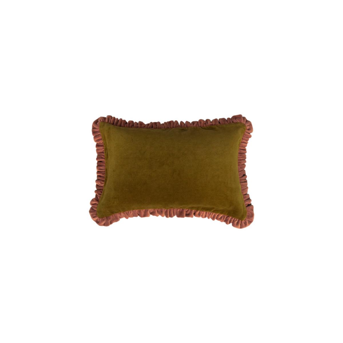 Moss Green Velvet Cushion With Pink Ruffle – image 2